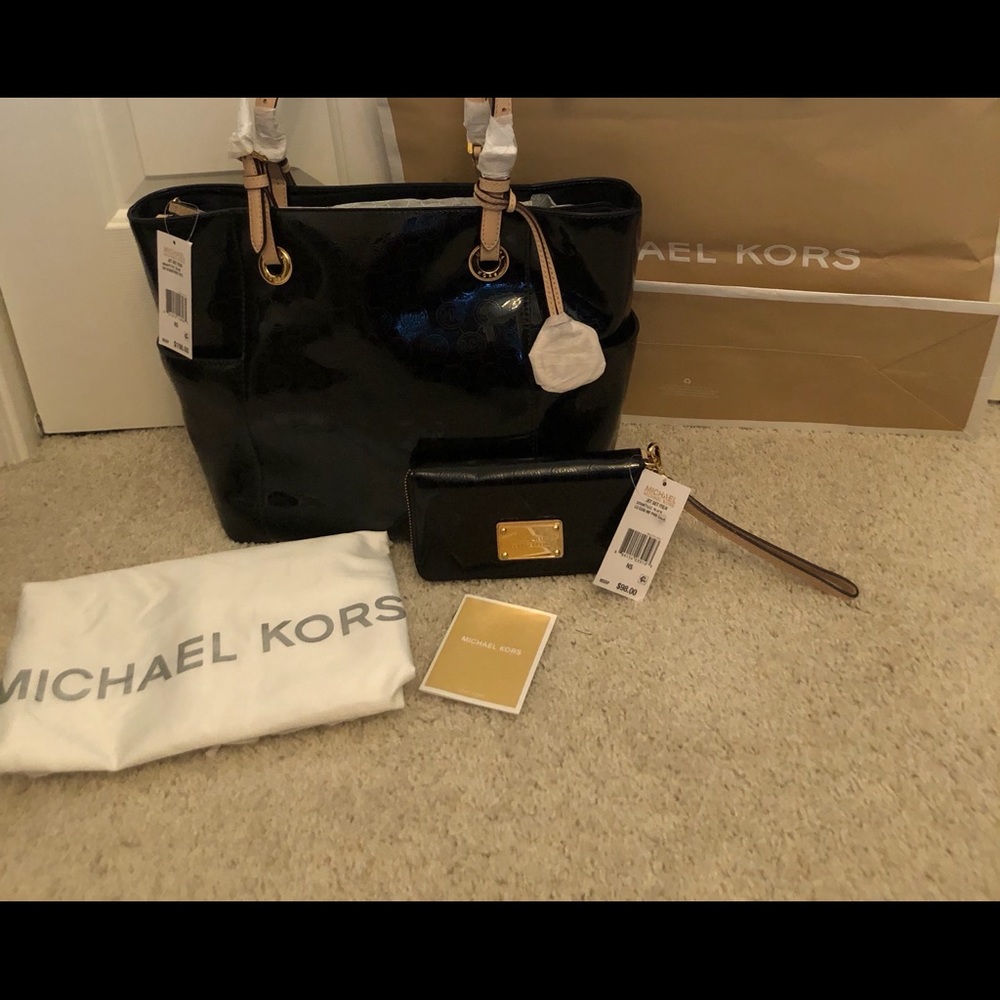 Michael Kors Jet Set Black Mirror Tote and Wallet